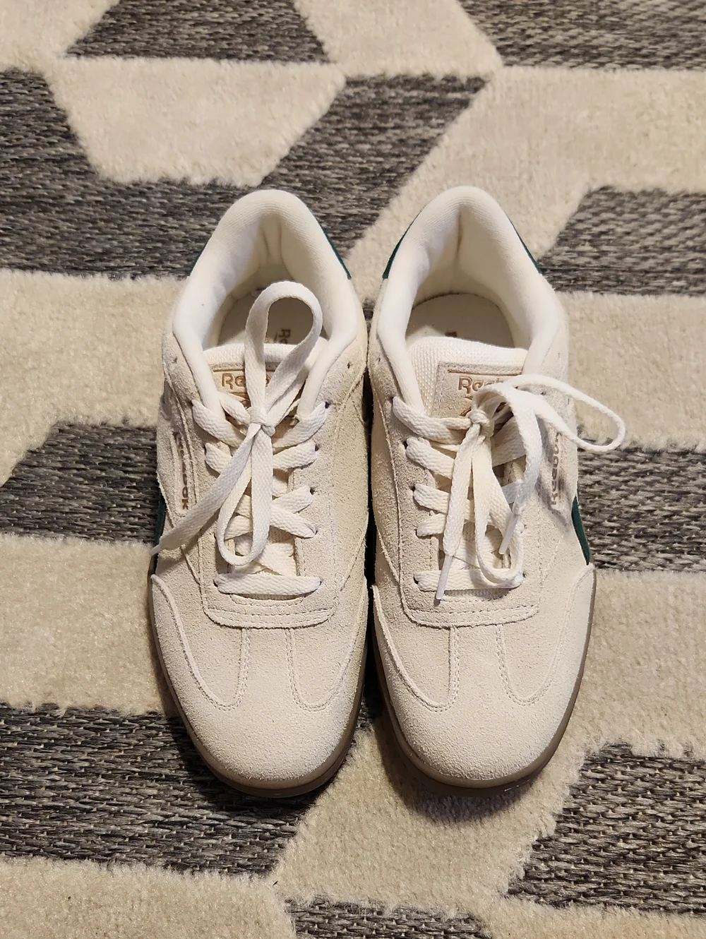 Reebok Cream Suede Sneakers with Green Heel Accent